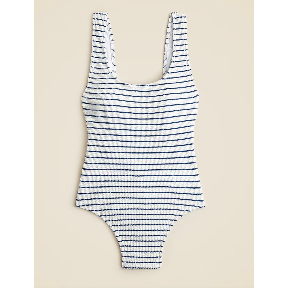 J.Crew Claudia One-Piece Swimsuit Women 8 White Blue Striped Scrunchie Resort